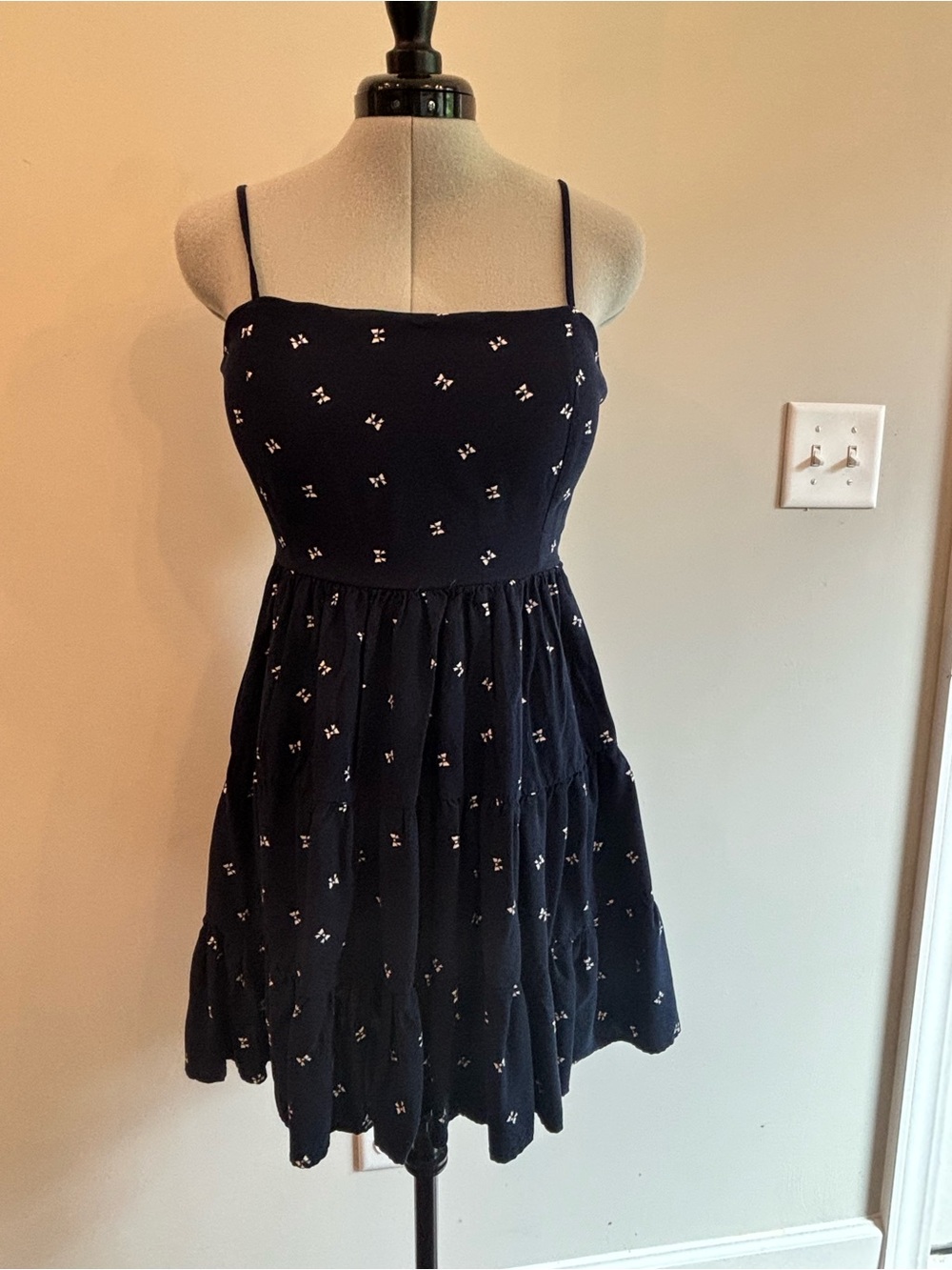 Navy Spaghetti Strap Tiered Sundress with Micro Print